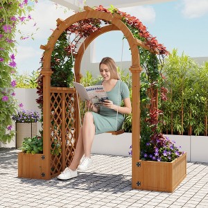 Garvee Wood Garden Arbor with Planter Boxes and Swing Outdoor Arch Trellis with Pergola for Climbing Plants Vines Grapes Backyard Wedding Party Decor - 1 of 4