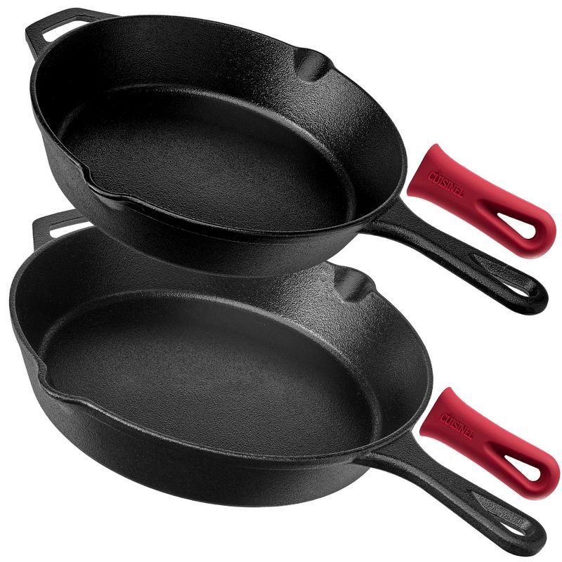 Cuisinel Cast Iron Skillets - Pre-Seasoned 2-Piece Pan Set: 10" + 12"-Inch + 2 Heat-Resistant Silicone Handle Covers, 1 of 4