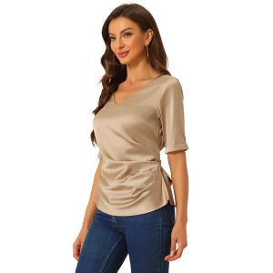 Allegra K Women's Short Sleeve Tie Back Ruched Casual Satin V Neck Blouse - 1 of 4
