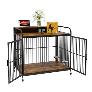 Medium Dog Crate Furniture, Adjustable Feeder Kennel End Table for Medium Breeds, Robust Steel Frame with 360° Locking Caster - 1 of 4