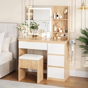 Vanity Desk with 4 Drawers, Storage Stool, Storage Shelves & Hair Dryer Holder, Adjustable 3 Lighting Mode, Makeup Vanity Set for Bedroom - 1 of 4