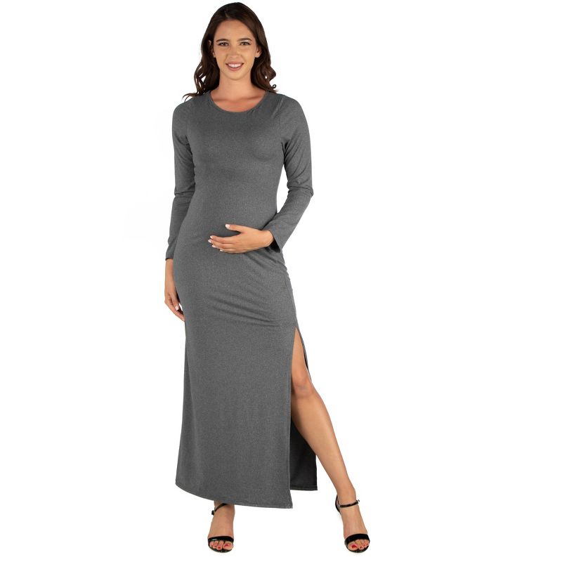 24seven Comfort Apparel Long Sleeve Side Slit Fitted Black Maternity Maxi Dress, 1 of 5