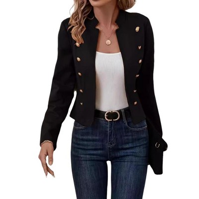 Coolmee Women's Work Office Suit Collarless Casual Cropped Buttons Slim Fit Blazer Jacket