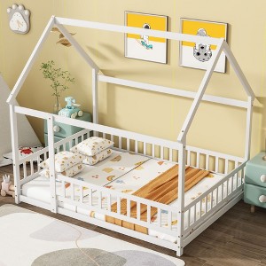 NicBex Twin/Full Size House Bed Frame,Toddler Floor Platform Bed with Roof Frame and Guardrails,Montessori Floor Bed for Kids,Adults,Teens - 1 of 4
