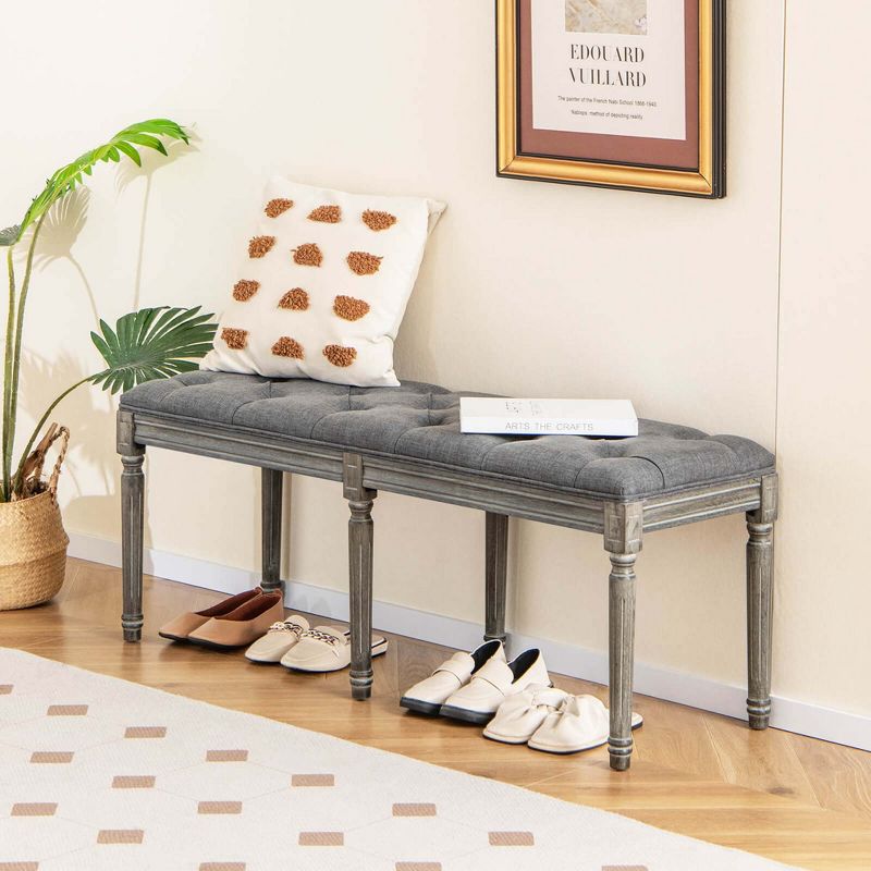 Costway 47" French Vintage Entryway Bench Upholstered Dining Bench with Rubber Wood Legs Beige/Grey, 2 of 10