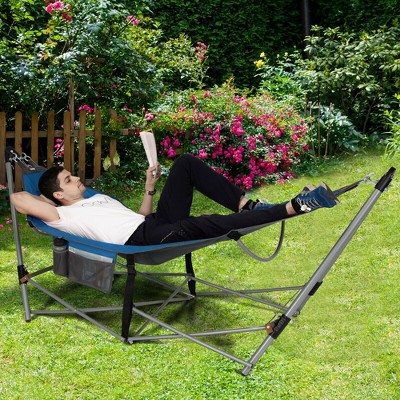 Blue Folding Hammock with Iron Stand and Side Pocket