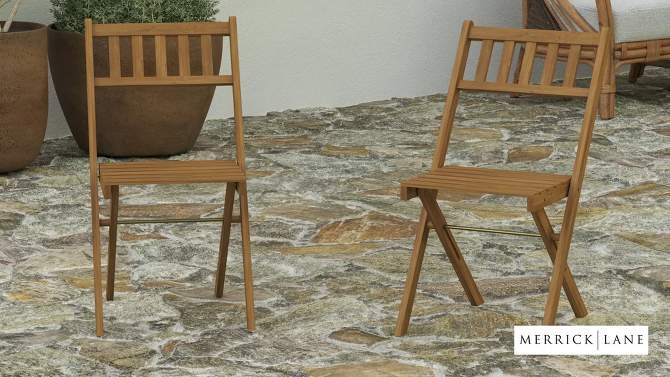 Merrick Lane Set of 2 Solid Acacia Wood Armless Folding Patio Bistro Chairs with Slatted Backs and Seats in Natural Finish, 2 of 9, play video