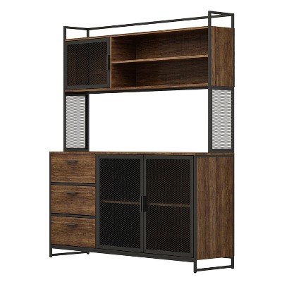 Brown Wood and Metal Mesh 3-Door Kitchen Pantry Cabinet