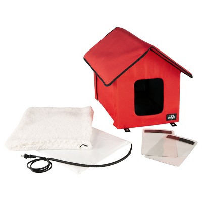Red Heated Cat House with Sherpa Pad and Zippered Roof