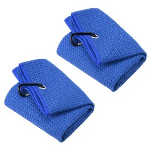 Unique Bargains Super Absorbent Waffle Pattern Tri-Fold Golf Towels with D Clips 2 Pcs - 1 of 4