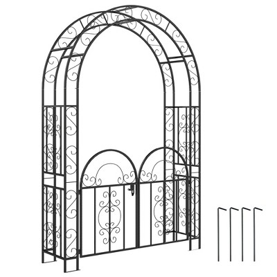 Outsunny 7.4ft Steel Garden Arch with Gate, Garden Arbor Trellis for Climbing Plants Roses Vines, Wedding Arch Stand for Outdoor Lawn Backyard, Black