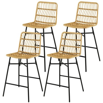 Tangkula 4 PCS Rattan Bar Stools Counter Height Chairs w/ Metal Legs Natural