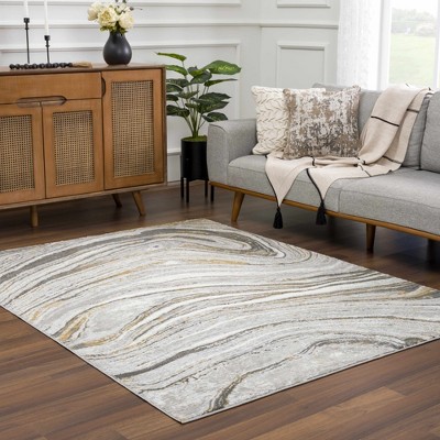 Liverpool Light Gray and Gold Marble Swirl Area Rug