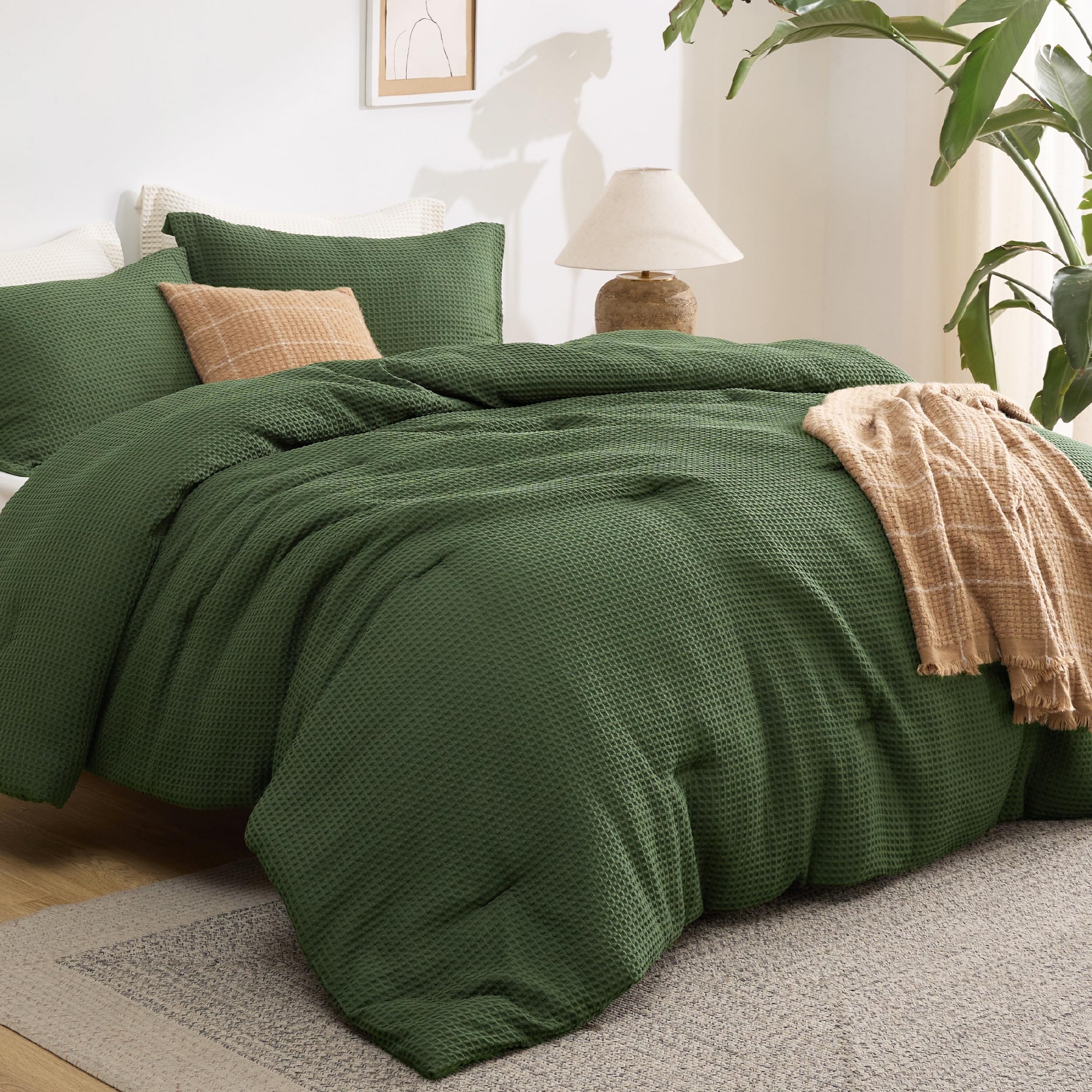 3 Pcs Queen Waffle Comforter Set - Soft, Breathable Dark Green Bedding with Comforter & 2 Shams