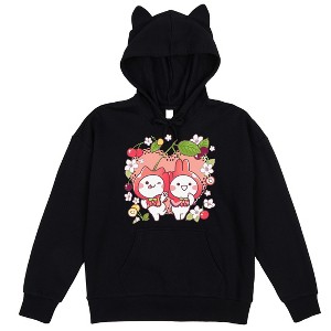 MiMi & Neko Mimi and Neko on Pink hood with fruits and flowers on Black Adult Cat Hoodie - 1 of 3