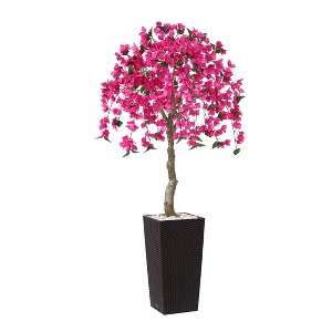DR.Planzen UV Resistant 6-7FT Pre Potted Artificial Bougainvillea Red Flowers Tree with White Tall Planter for Indoor Outdoor Home Decor - 1 of 4