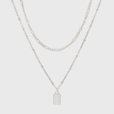 Rectangle Charm Layered Chain Pendant Necklace - A New Day&#8482; Silver