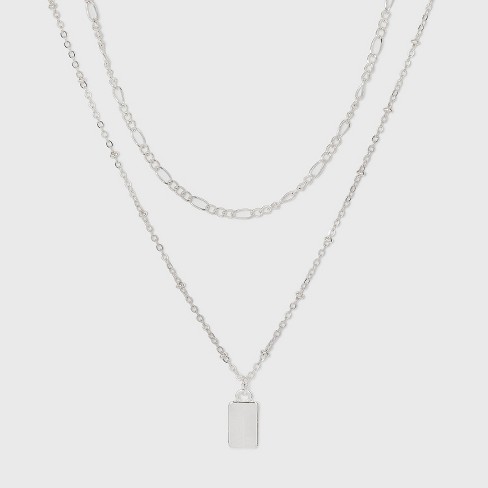 Rectangle Charm Layered Chain Pendant Necklace - A New Day™ Silver