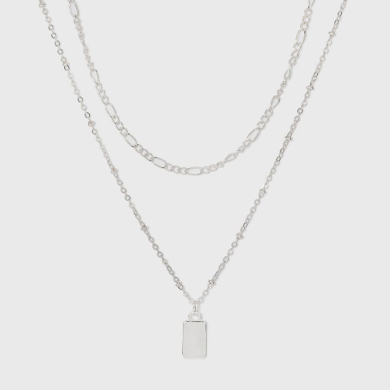Rectangle Charm Layered Chain Pendant Necklace - A New Day&#8482; Silver, 1 of 5