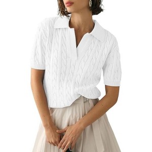 Women's Cable Short Sleeve Sweaters Tops Solid Lapel V Neck Cable Knit Casual Soft Pullover Shirt - 1 of 4