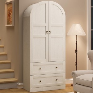71" Tall Arched Bookcase Cabinet, Wood Arched Bookshelf with Doors & Drawers - 1 of 4