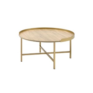 32" Wood & Metal Round Coffee Table with Sturdy Crossbar Support and Industrial Style for Living Room - 1 of 4