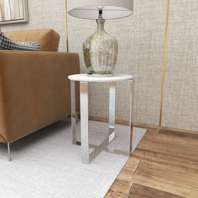 White Marble and Stainless Steel Round Accent Table
