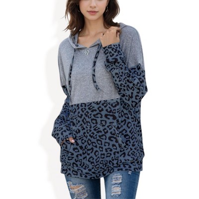 Anna-Kaci Women's Color Block Leopard Print Hoodie with Kangaroo Pocket