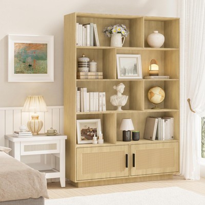 5 Tier Bookself, Boho Bookcase with Rattan Doors, Wooden Bookcase and Bookshelf with Storage, Tall Book Stand