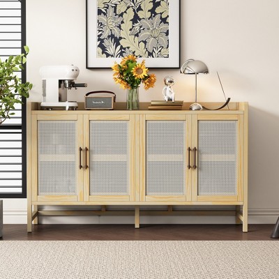 60"W 4-Door Rustic Sideboard Storage Cabinet with Decorative Rattan Doors, Adjustable Shelves and Adjustable Foot Pads-ModernLuxe