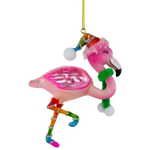 Northlight 4.25" Pink Flamingo with Rainbow Hat Glass Christmas Ornament - 1 of 4
