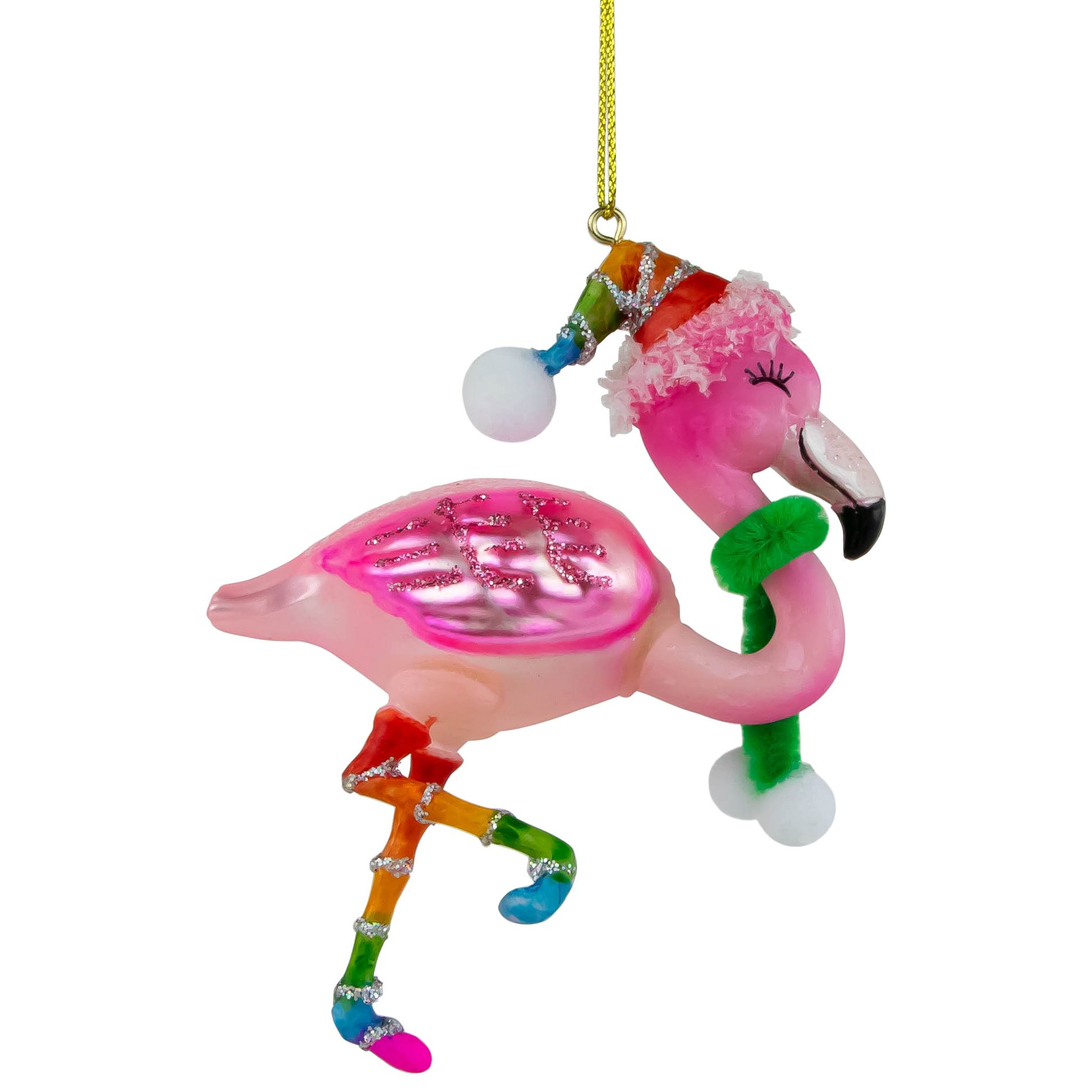 Northlight 4.25" Pink Flamingo with Rainbow Hat Glass Christmas Ornament