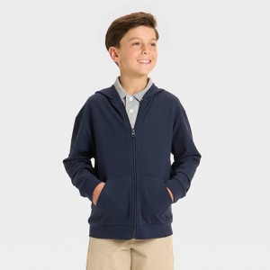 Boys' French Terry Zip-Up Hoodie Uniform Sweatshirt - Cat & Jack™ Blue - 1 of 3