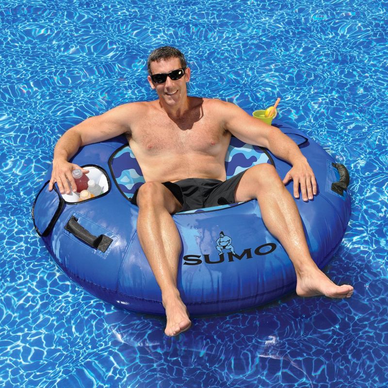 Swimline 54" Inflatable 1-Person Camouflage Sumo-Sized Swimming Pool Sport Tube with Cup Holder - Blue, 3 of 7