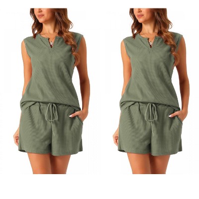 cheibear Women's Waffle Knit Sleeveless Matching Tank Top and Shorts Pajama Sets 2 Pcs