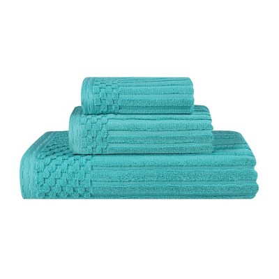 Turquoise Cotton Ribbed Checkered Border 3 Piece Towel Set