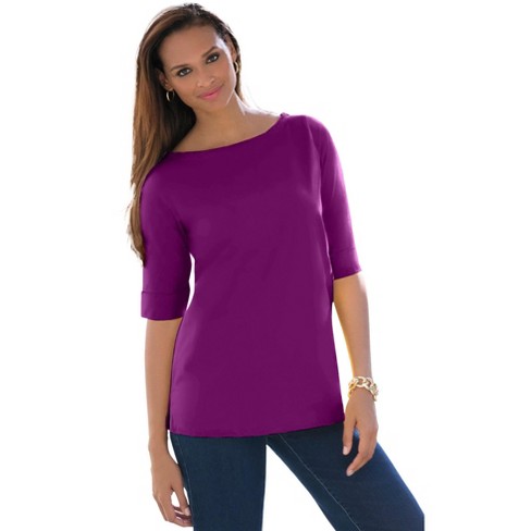 Jessica London Women's Plus Size Stretch Cotton Cuff Tee - 14/16, Purple :  Target