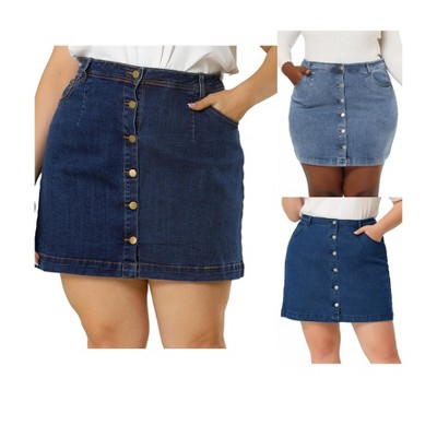 Agnes Orinda Women's Plus Size Button Side Pocket Casual A-Line Mini Denim Skirt