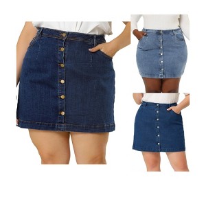 Agnes Orinda Women's Plus Size Button Side Pocket Casual A-Line Mini Denim Skirt - 1 of 4