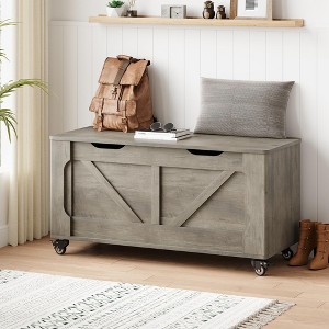 Storage Chest, Storage Bench with 4 Wheels, 39.4" Wooden Blanket Chest with 2 Safety Hinges, Round Corner, Supports 350 lbs - 1 of 4