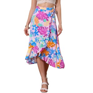 INSPIRE CHIC Women's Tropical Floral Print Ruffle Self-Tie Knot Split Beach Wrap Midi Skirt - 1 of 4