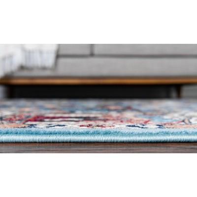 Blue and Tan Floral Synthetic Indoor Runner Rug