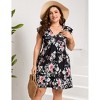 Plus Size V-Neck Flutter Sleeve Boho Print High Waist Dress with Pocket - 3 of 4