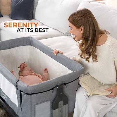 Grey Adjustable Height Portable Baby Bassinet with Mesh Sides