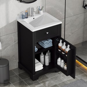 Mshliw 20" Bathroom Vanity with Sink, Freestanding MDF Cabinet with Soft-Close Door, Storage Rack & Adjustable Shelf, Modern Rectangular Design - 1 of 4