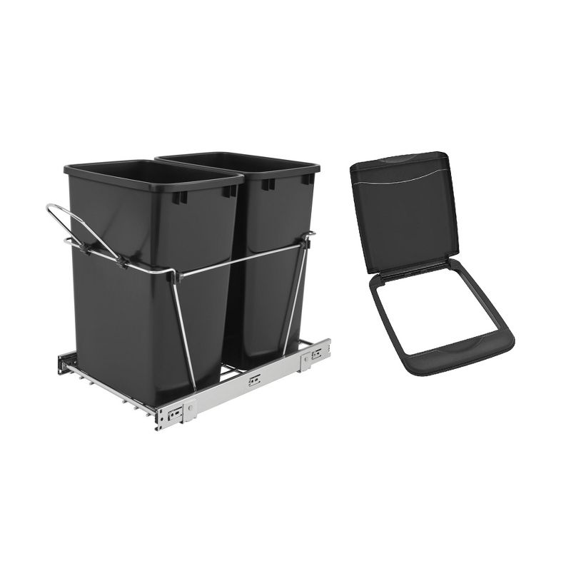 Rev-A-Shelf Double 35 Qt Full Extension Pull-Out Bottom Mount Kitchen Trash Can Waste Bin Containers & Flip Top Waste Bin Lid, Black, 1 of 7