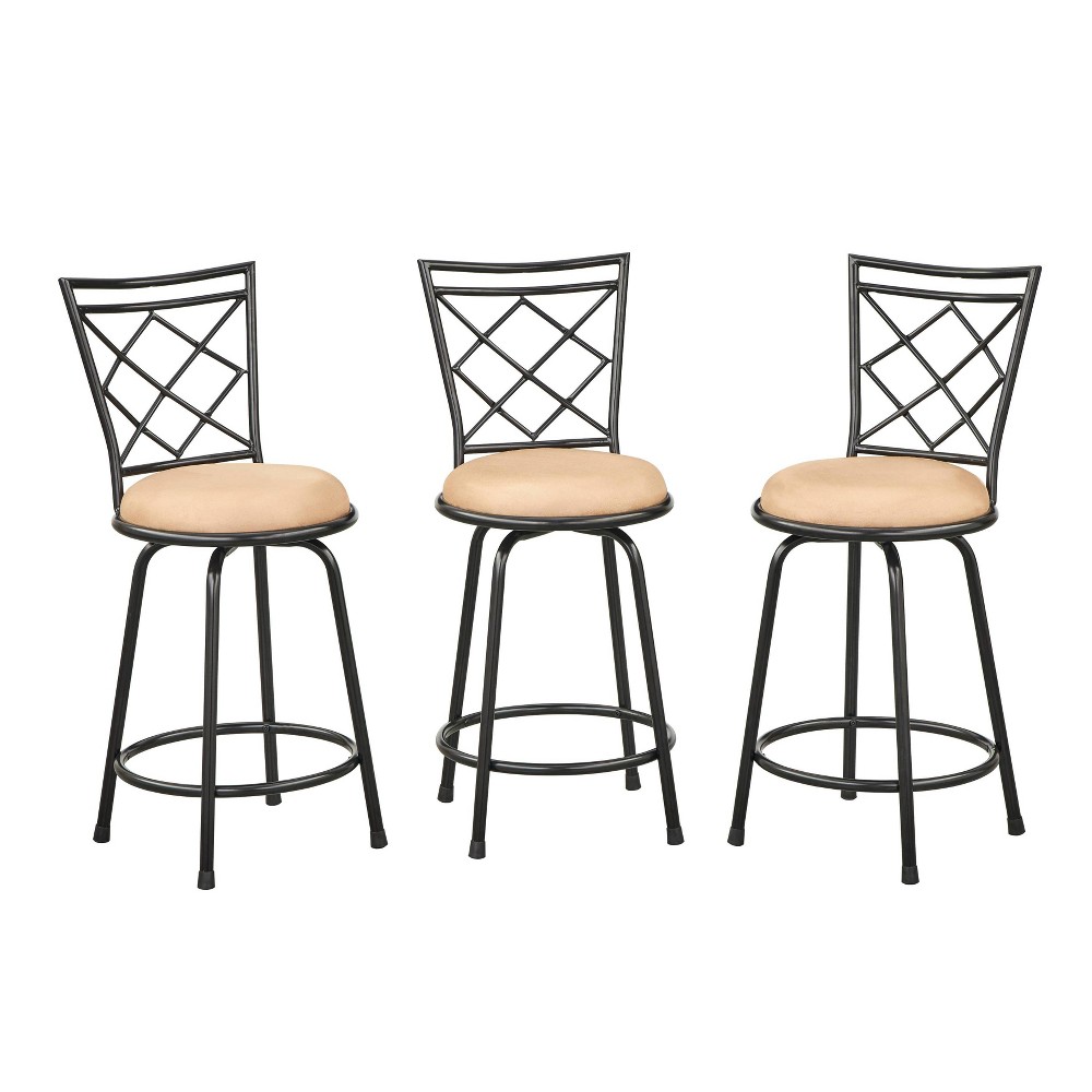 Buylateral Set of 3 Avery Adjustable Height Metal Barstools Black/Light Brown: 24"-30" Height, Microfiber Cushion, Powder-Coated Finish