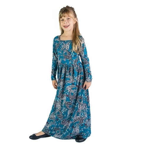 24seven Comfort Apparel Girls Blue Paisley Long Sleeve Pleated Maxi Dress-multi-s  : Target