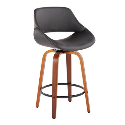 Set of 2 Flared Walnut & Metal Swivel Counter Stools in Black/Grey