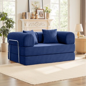 63 in.Navy Blue Corduroy Convertible Sofa Bed,Metal Frame, Foldable Floor Sofa(small size) - 1 of 4